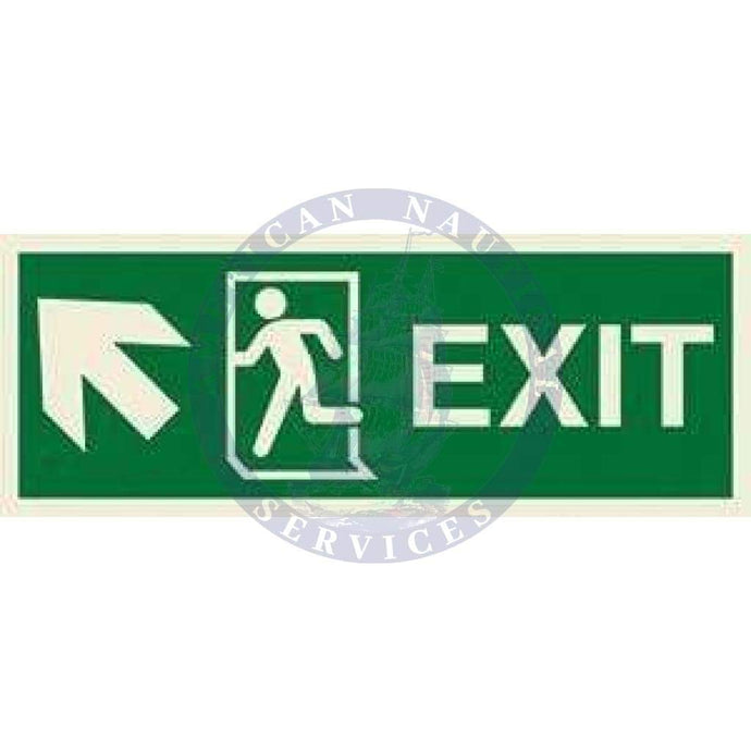 Marine Direction Sign: EXIT + Running man symbol + Arrow diagonally up left