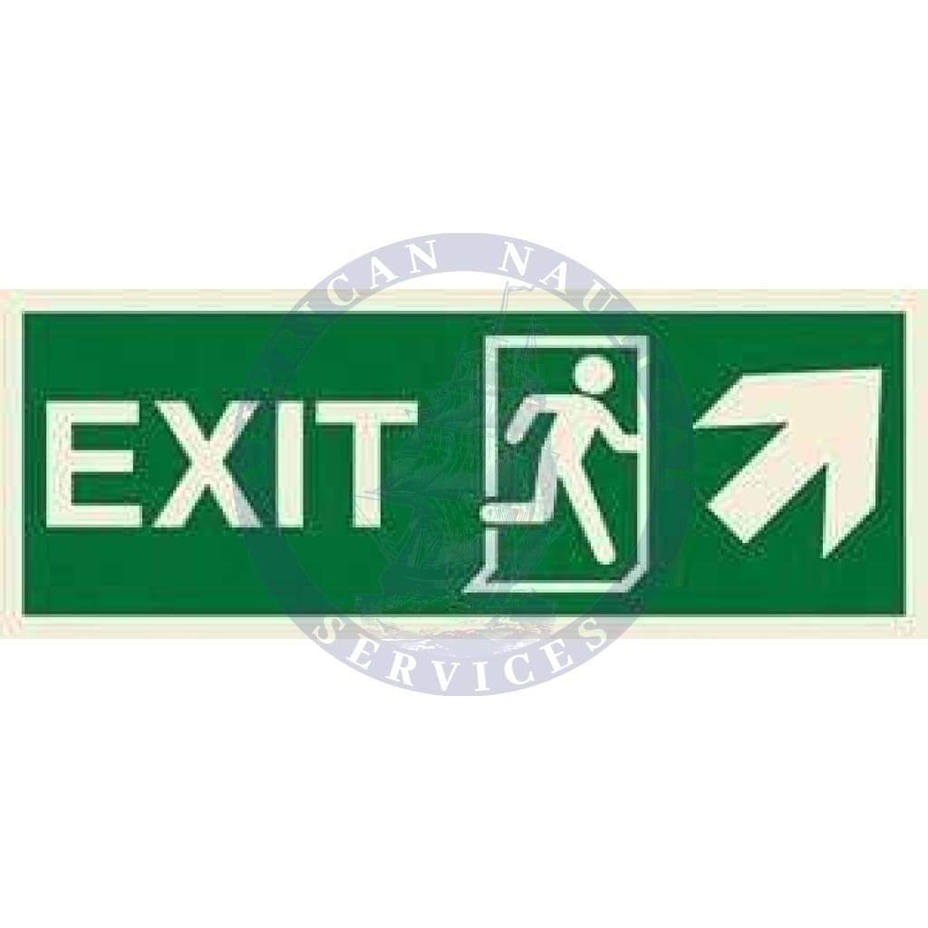 Marine Direction Sign: EXIT + Running man symbol + Arrow diagonally up right