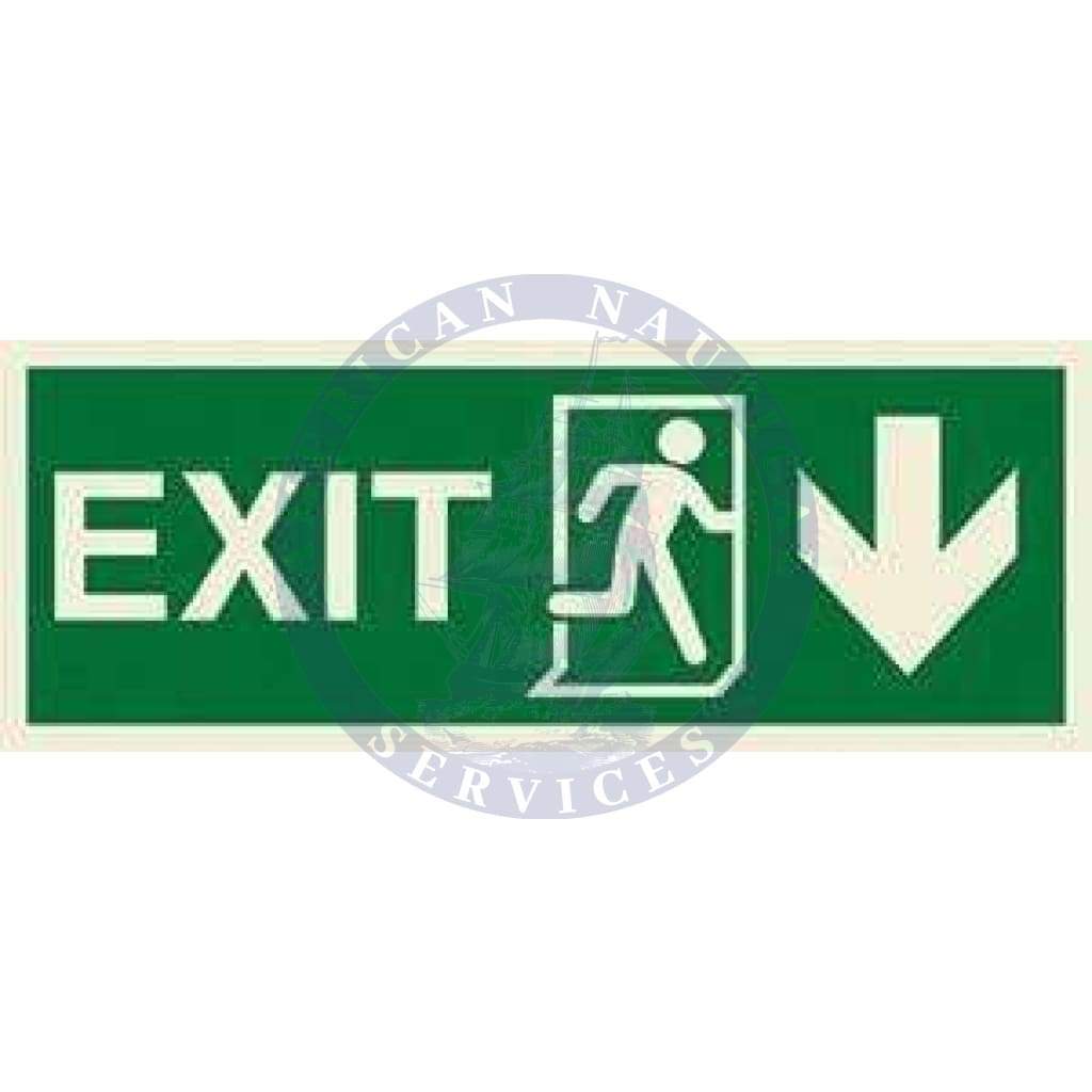 Marine Direction Sign: EXIT + Running man symbol + Arrow down on right