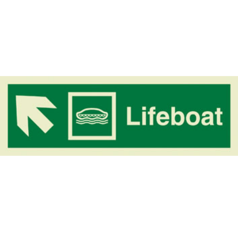 Marine Direction Sign: Lifeboat Arrow Diagonally Up Left with Text (2019)