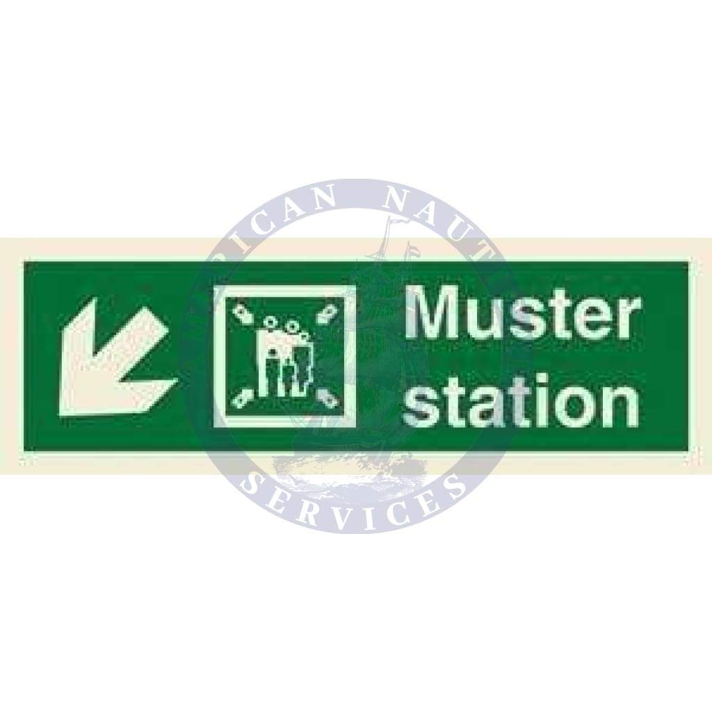 Marine Direction Sign: Muster station + Symbol + Arrow diagonally down left