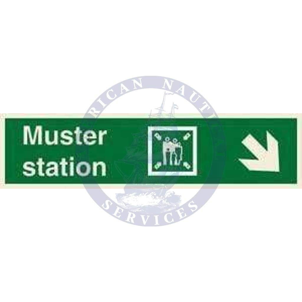 Marine Direction Sign: Muster station + Symbol + Arrow diagonally down right