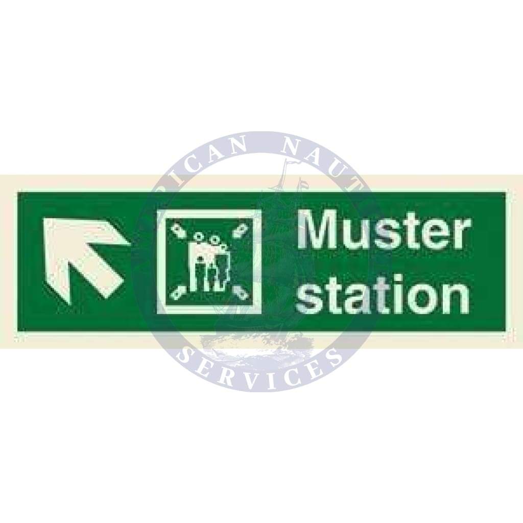 Marine Direction Sign: Muster station + Symbol + Arrow diagonally up left