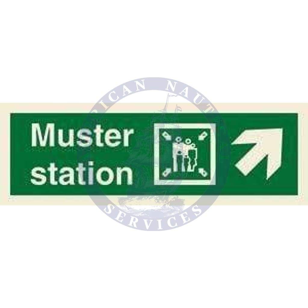 Marine Direction Sign: Muster Station + Symbol + Arrow Diagonally Up Right