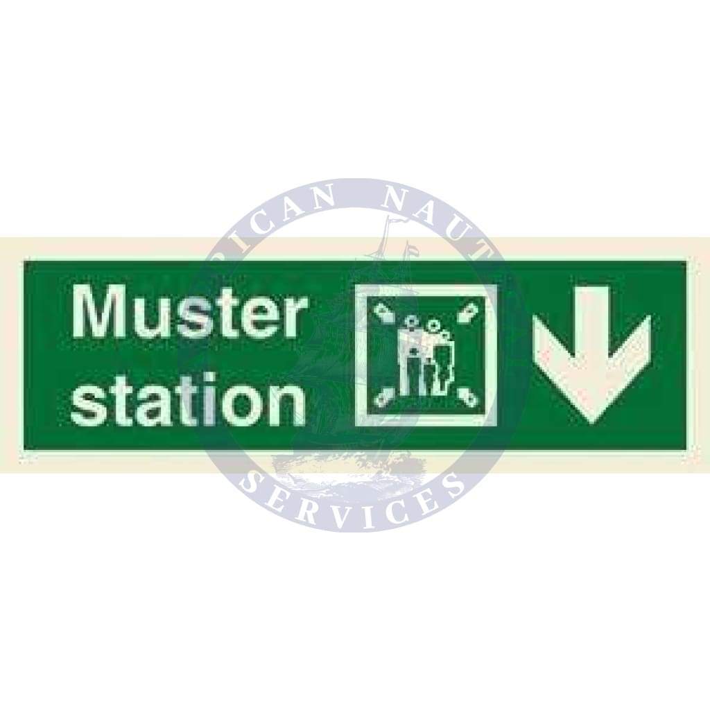 Marine Direction Sign: Muster station + Symbol + Arrow down on right