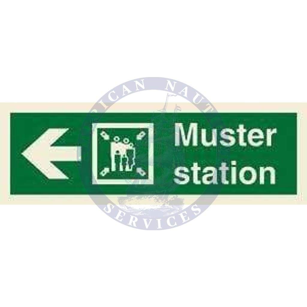 Marine Direction Sign: Muster station + Symbol + Arrow left