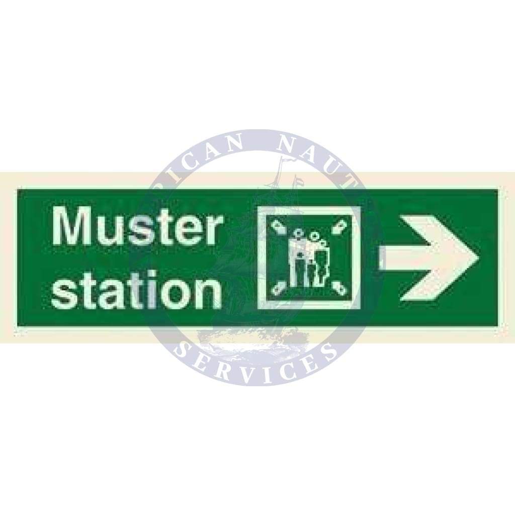 Marine Direction Sign: Muster station + Symbol + Arrow right