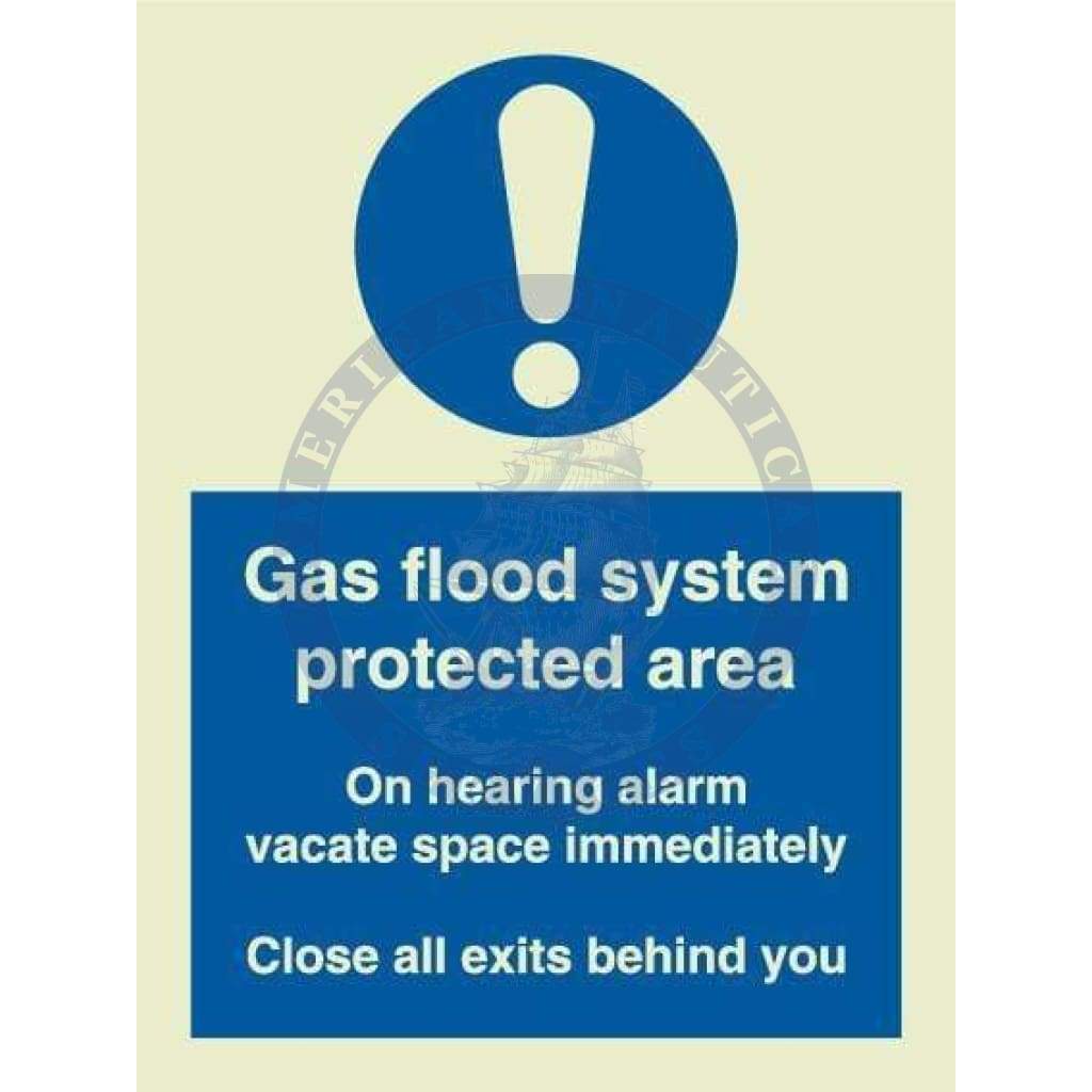 Marine Fire Equipment Sign: Gas Flood System Protected Area. On Hearing Alarm..