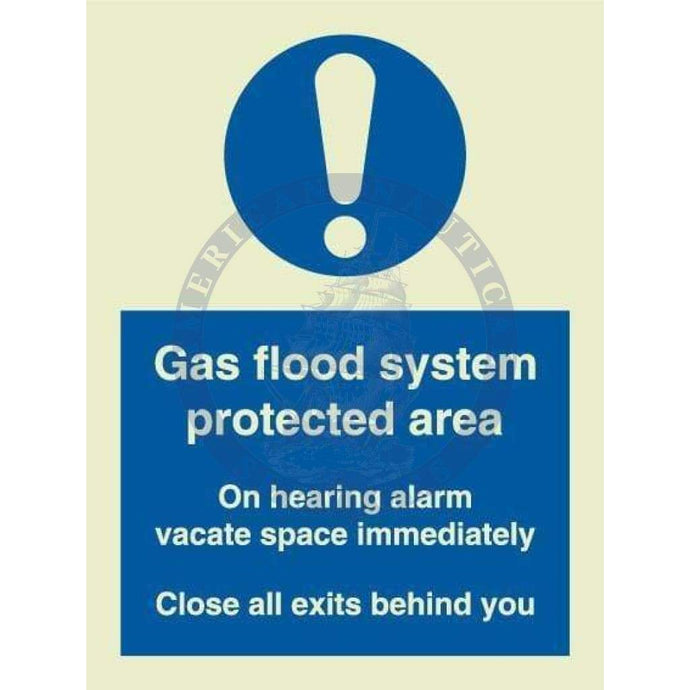 Marine Fire Equipment Sign: Gas Flood System Protected Area. On Hearing Alarm..