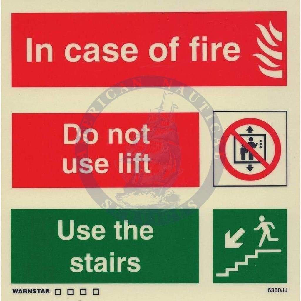 Marine Fire Equipment Sign: In Case of Fire - Do Not Use Elevators…