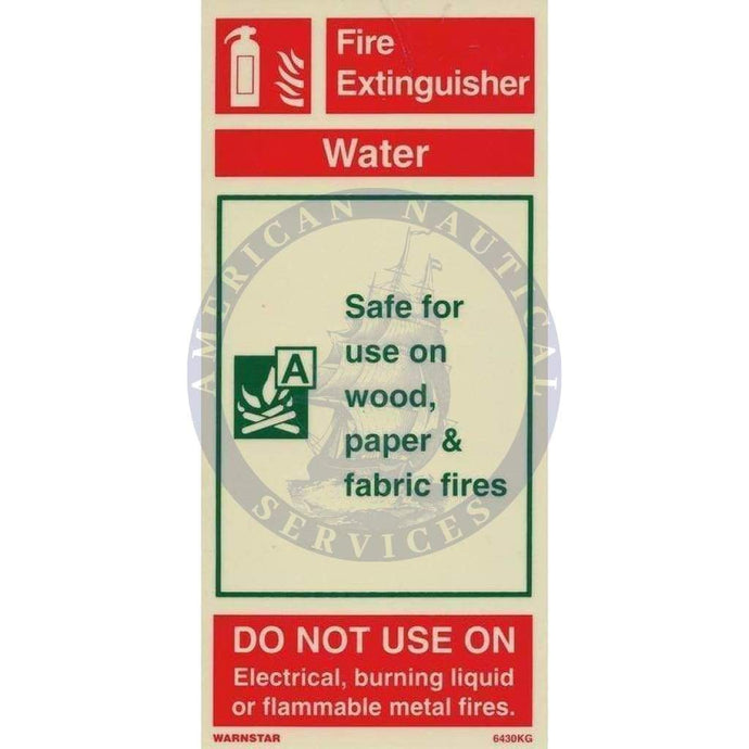 Marine Fire Equipment Sign: Water Fire Extinguisher (including class pictos)