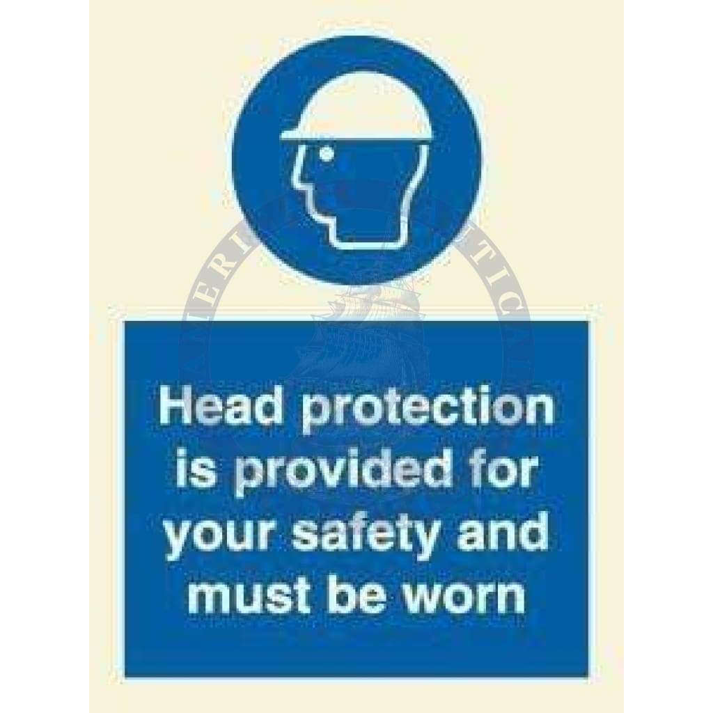 Marine Mandatory Sign: Head Protection Is Provided For Your Safety And Must Be Worn