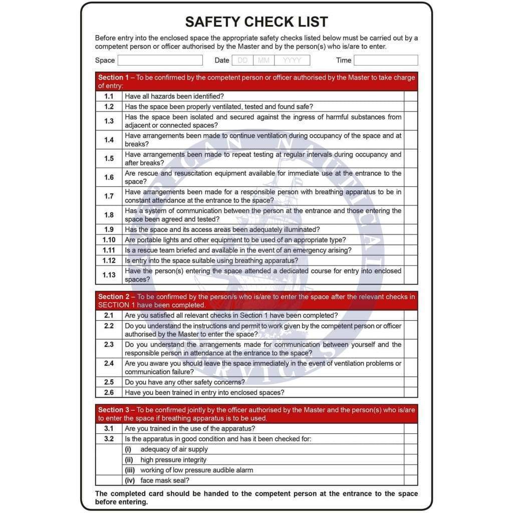 Marine Safety Card: Entry into Enclosed Spaces