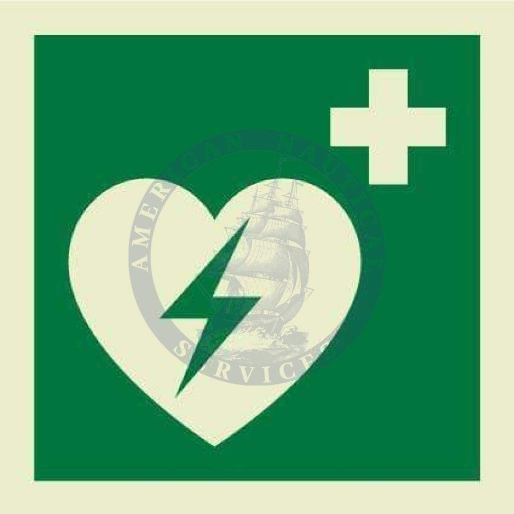Marine Safety Sign: Defibrillator symbol with text