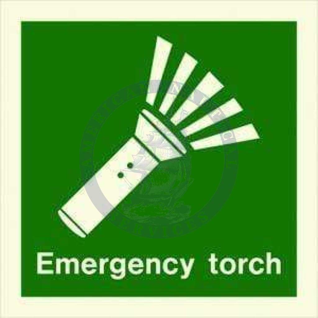 Marine Safety Sign, IMO Life Saving App. Symbol: Emergency torch - With Text