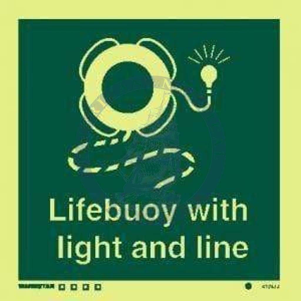 Marine Safety Sign, IMO Life Saving App. Symbol: Lifebouy with Light & Line - With Text