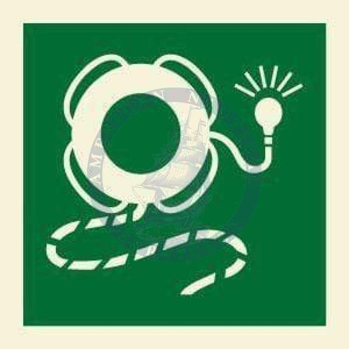 Marine Safety Sign, IMO Life Saving App. Symbol: Lifebuoy with light and line - Without Text