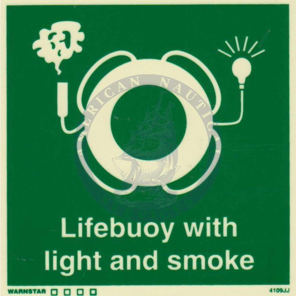 Marine Safety Sign, IMO Life Saving App. Symbol: Lifebuoy With Light & Smoke - With Text