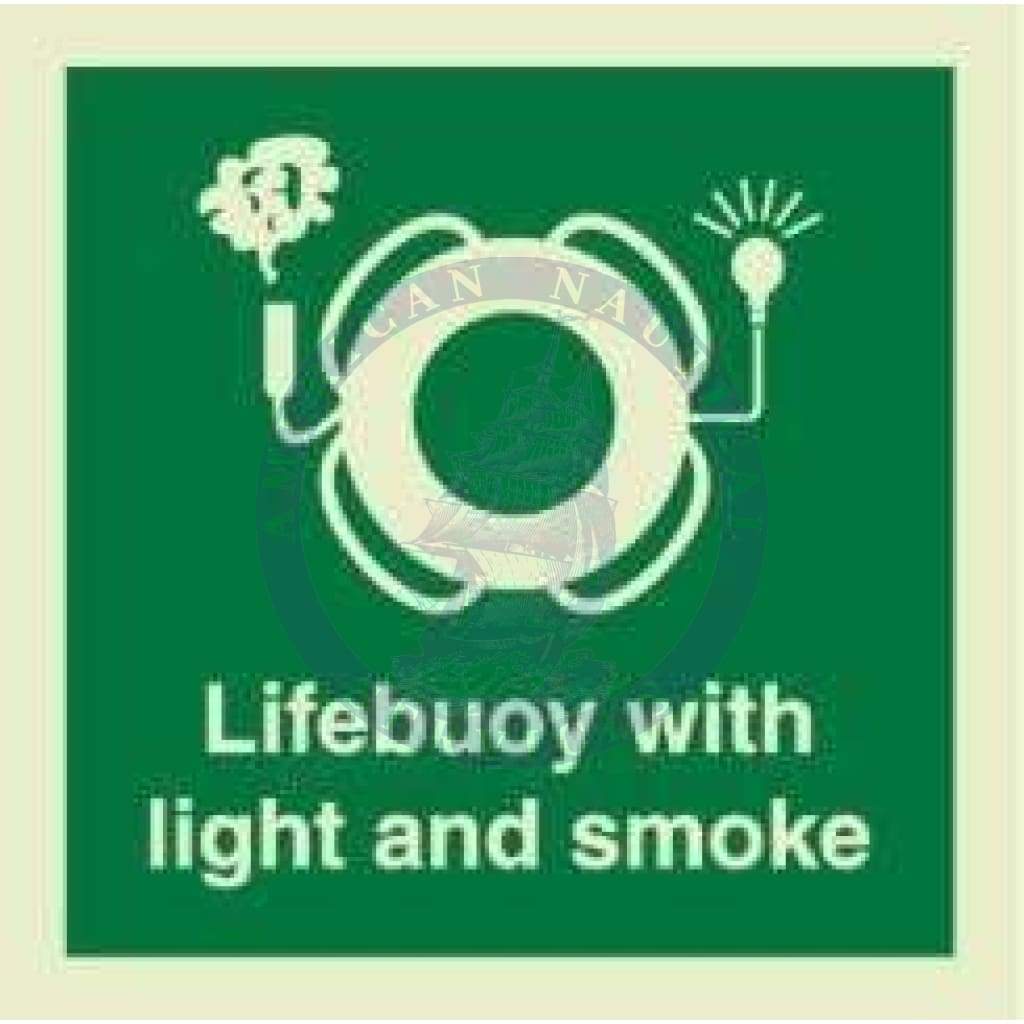 Marine Safety Sign, IMO Life Saving App. Symbol: Lifebuoy With Light & Smoke - With Text (2019)