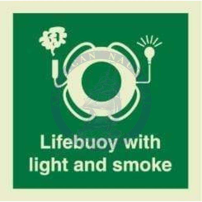 Marine Safety Sign, IMO Life Saving App. Symbol: Lifebuoy With Light & Smoke - With Text (2019)