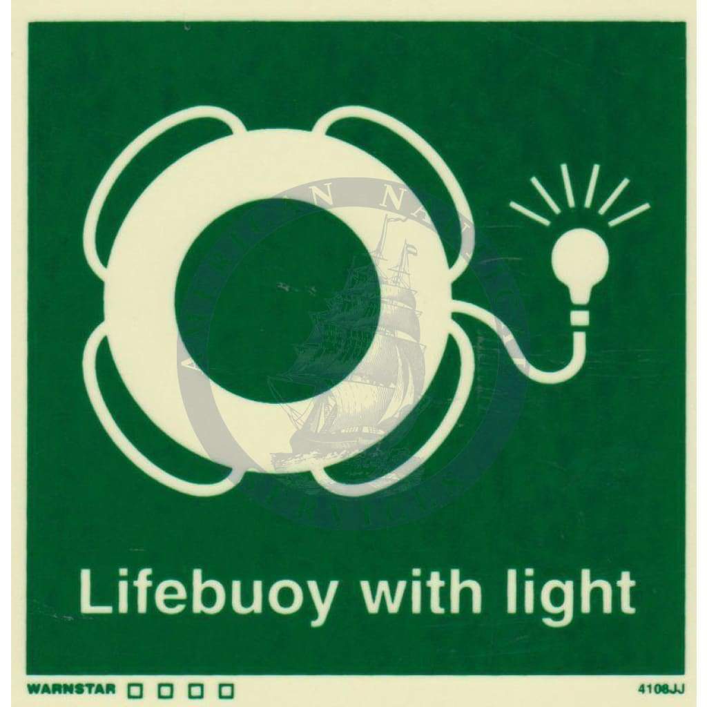 Marine Safety Sign, IMO Life Saving App. Symbol: Lifebuoy With Light - With Text