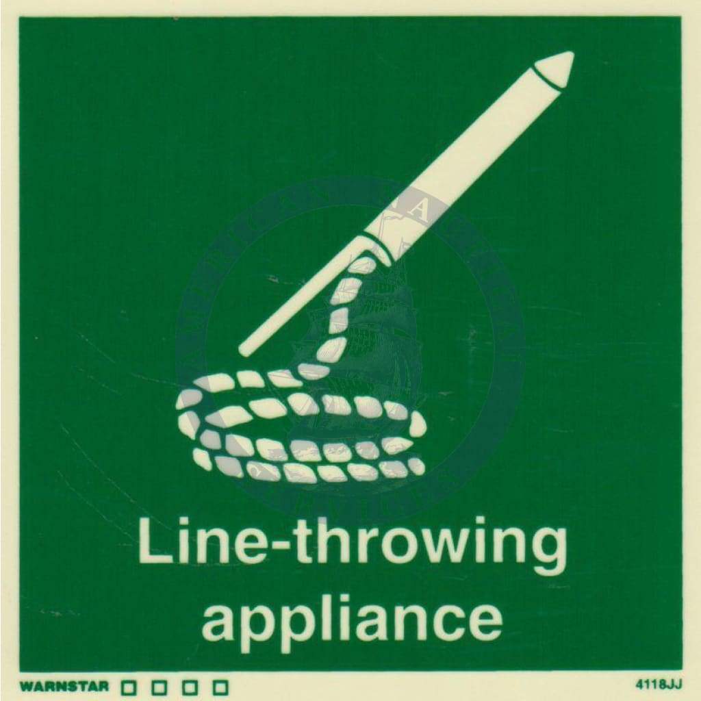 Marine Safety Sign, IMO Life Saving App. Symbol: Line-Throwing Appliance - With Text