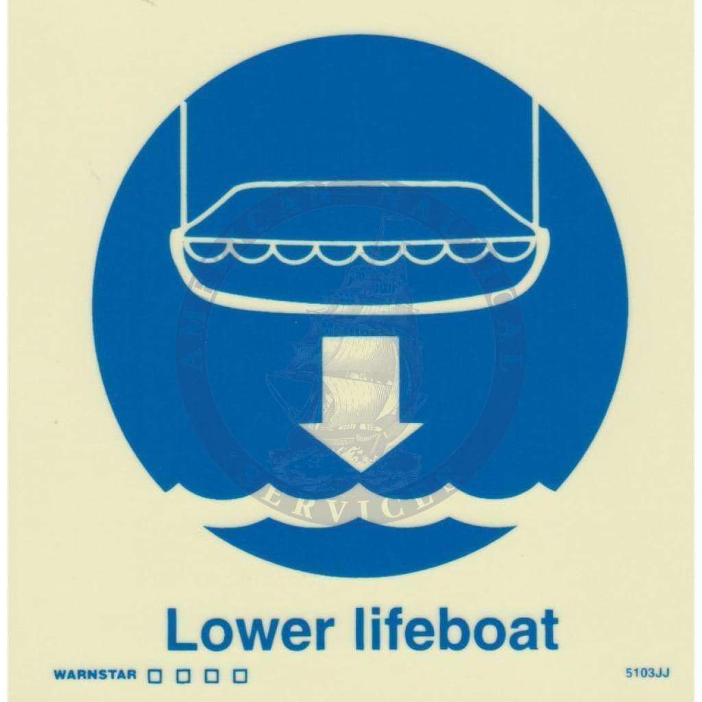 Marine Safety Sign, IMO Life Saving App. Symbol: Lower Lifeboat - With Text