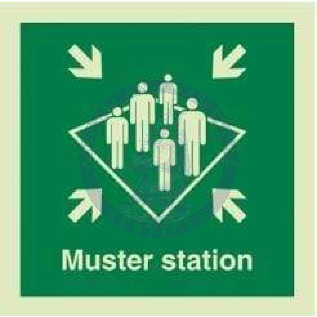 Marine Safety Sign, IMO Life Saving App. Symbol: Muster Station - With Text (2019)
