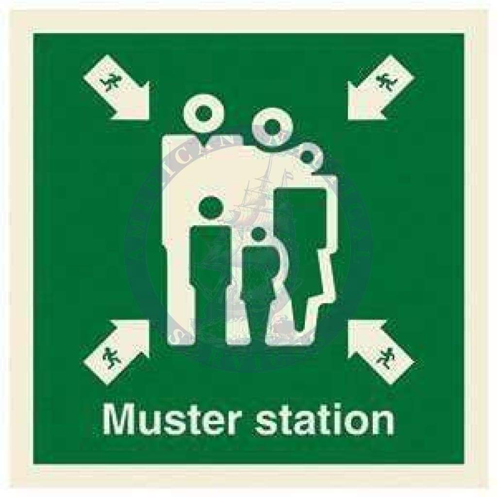 Marine Safety Sign, IMO Life Saving App. Symbol: Muster Station - With Text