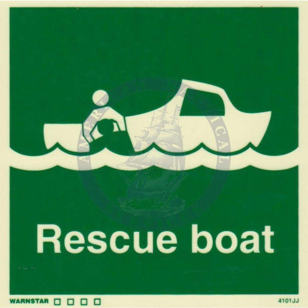 Marine Safety Sign, IMO Life Saving App. Symbol: Rescue Boat - With Text