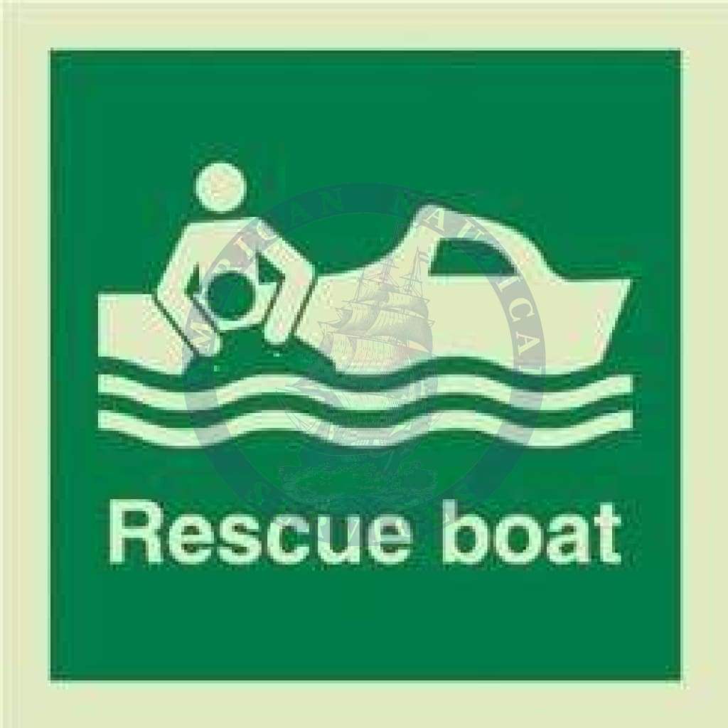 Marine Safety Sign, IMO Life Saving App. Symbol: Rescue Boat - With Text (2019)