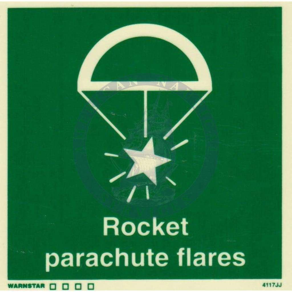 Marine Safety Sign, IMO Life Saving App. Symbol: Rocket Parachute Flares - With Text