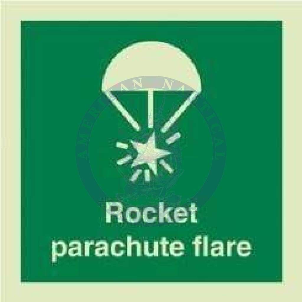 Marine Safety Sign, IMO Life Saving App. Symbol: Rocket Parachute Flares - With Text (2019)