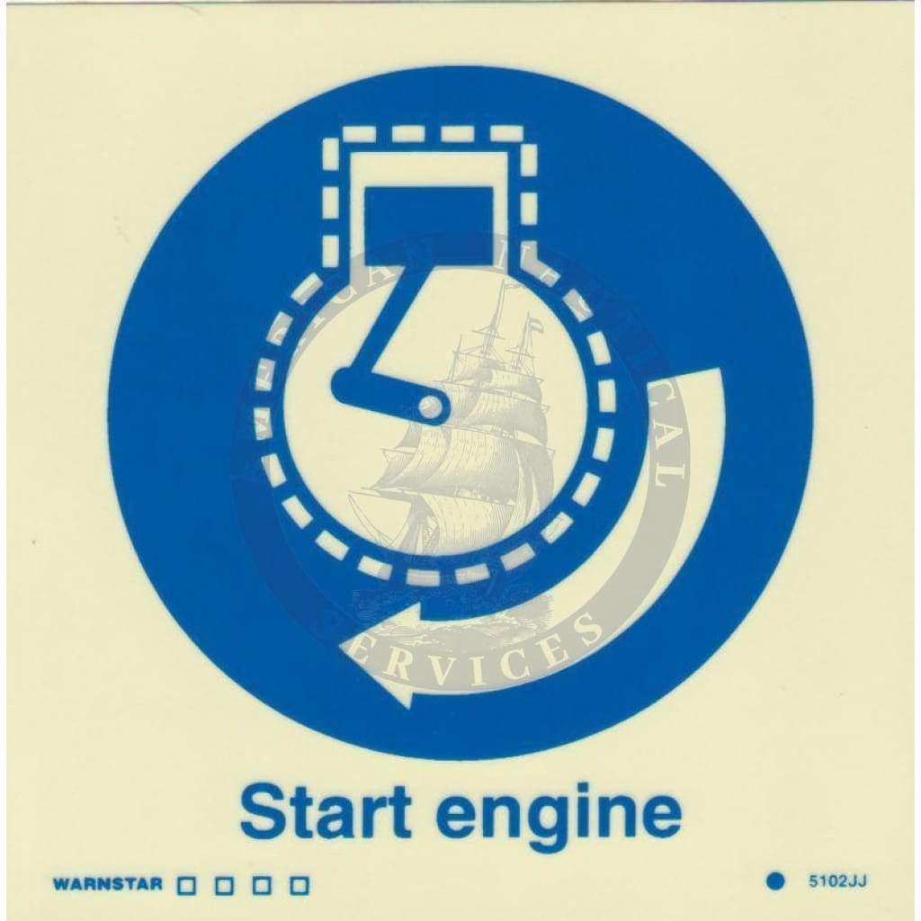 Marine Safety Sign, IMO Life Saving App. Symbol: Start Engine - With Text