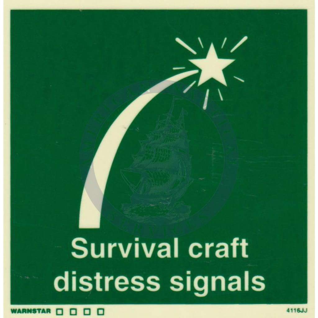 Marine Safety Sign, IMO Life Saving App. Symbol: Survival Craft Distress Signals - With Text