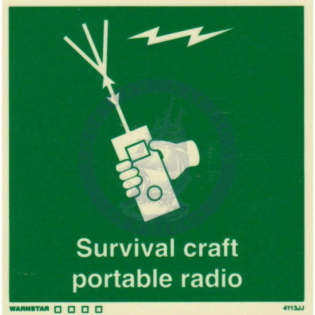 Marine Safety Sign, IMO Life Saving App. Symbol: Survival Craft Portable Radio - With Text