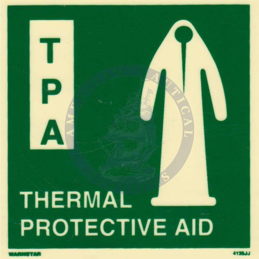 Marine Safety Sign, IMO Life Saving App. Symbol: Thermal Protective Aid (T.P.A.) - With Text