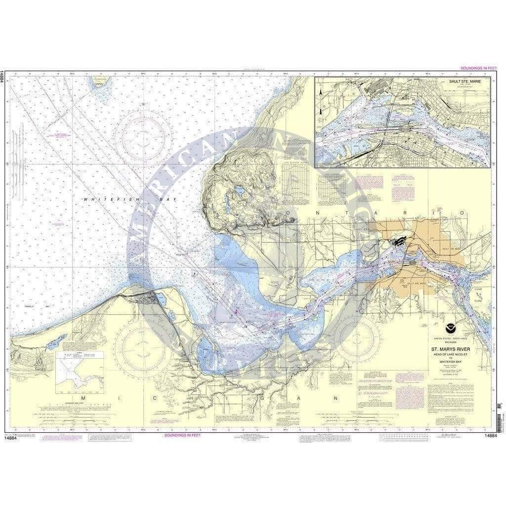NOAA Nautical Chart 14884: St. Marys River - Head of Lake Nicolet to Whitefish Bay;Sault Ste. Marie