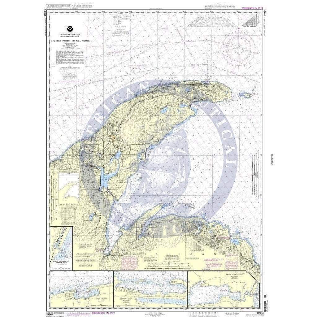 NOAA Nautical Chart 14964: Big Bay Point to Redridge;Grand Traverse Bay Harbor;Lac La Belle harbor;Copper and Eagle Harbors