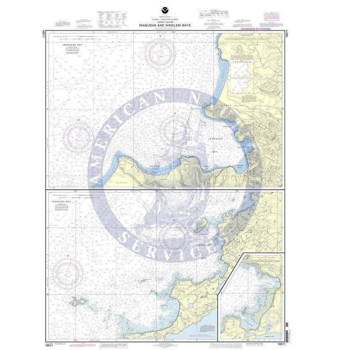 NOAA Nautical Chart 16511: Inanudak Bay and Nikolski Bay, Umnak l.;River and Mueller Coves