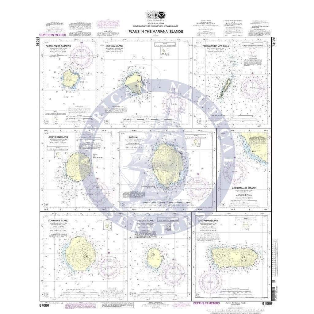 NOAA Nautical Chart 81086: Plans in the Mariana Islands; Faraloon de Pajaros; Sarigan Island; Farallon de Medinilla; Ascuncion Island; Agrihan; Agrihan Anchorge; Alamagan Island