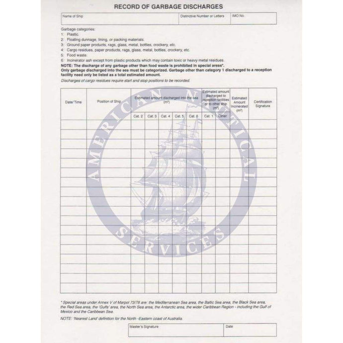 Record Of Garbage Discharges (Pad Of 50)