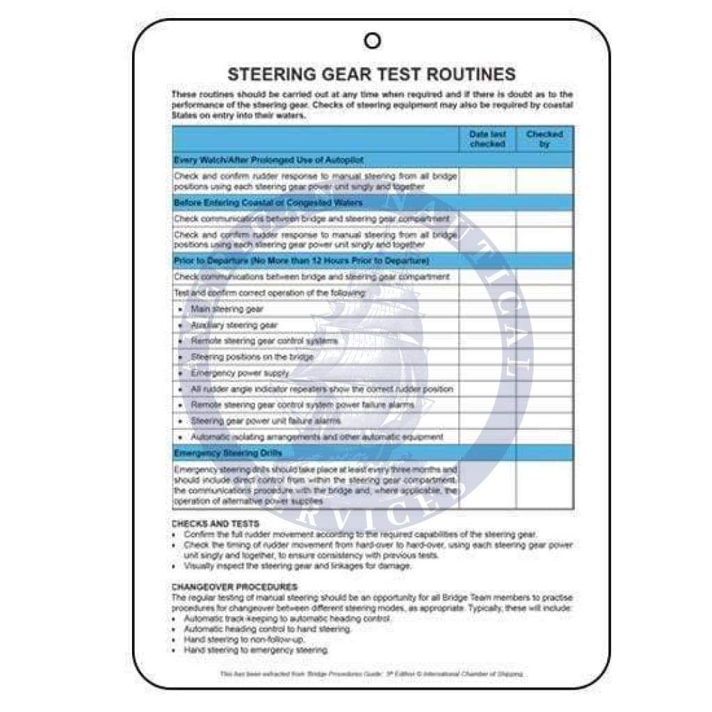 Steering Gear: Test Routines and Check Lists, 2016 Edition