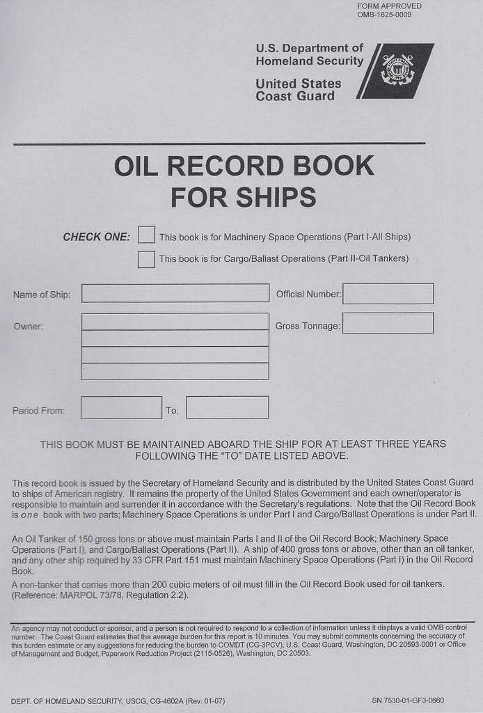 USCG Oil Record Book for Ships (Revised 11-16)